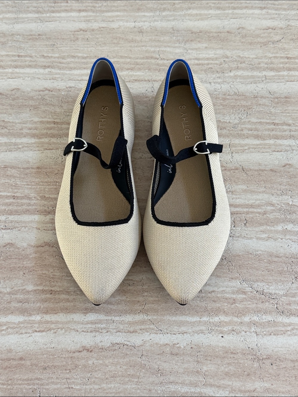 Rothy's Cream Pointed Mary Jane Flats with Black Trim and Blue Piping